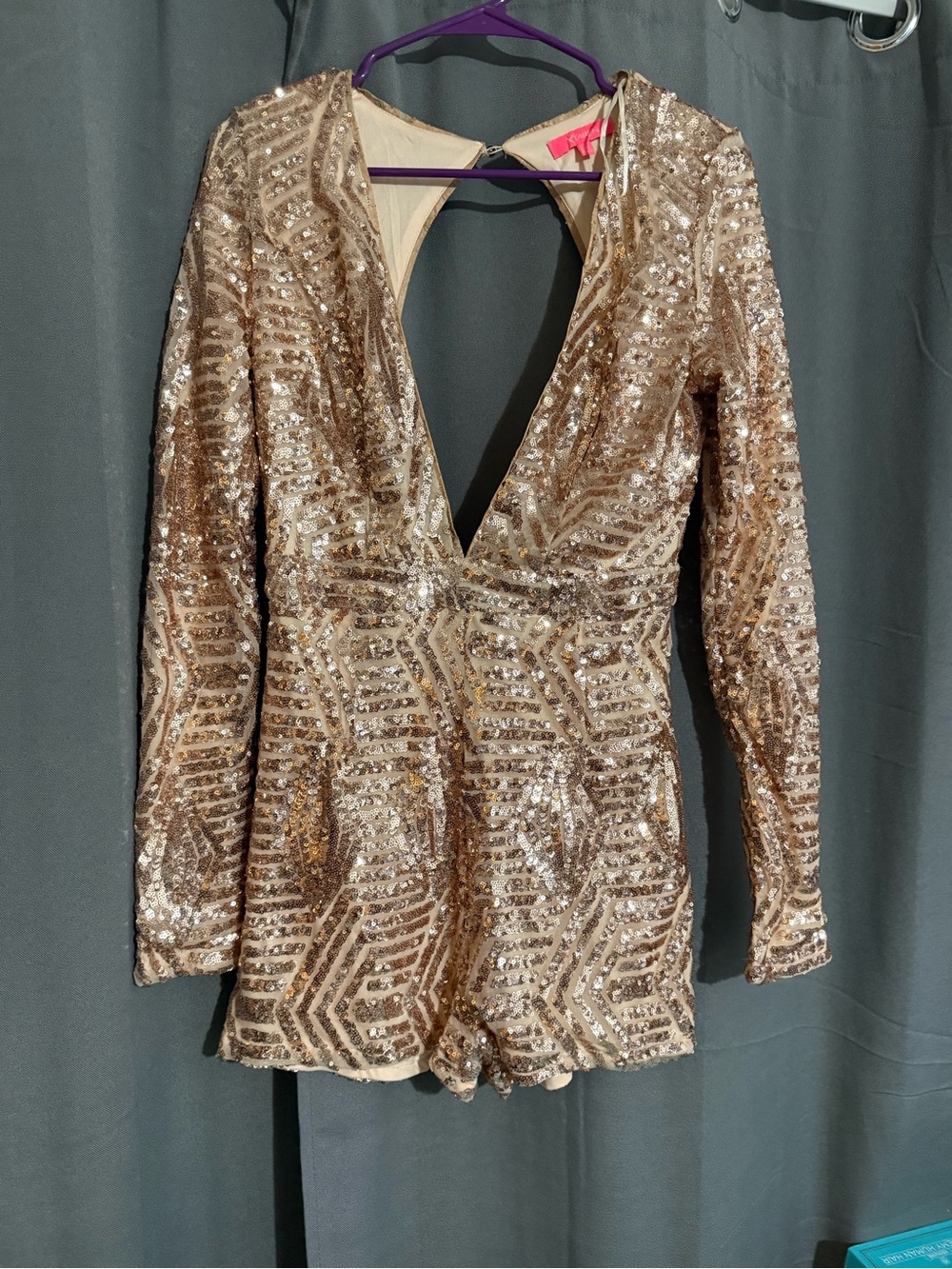 Xtaren Champagne Sequin Long Sleeve V-Neck Romper